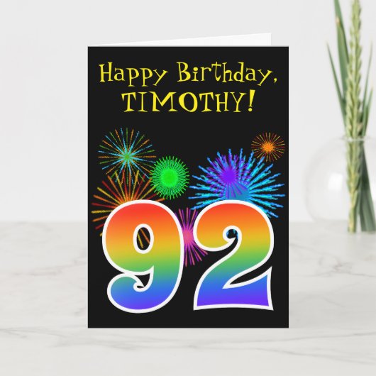 Fun Fireworks + Rainbow Pattern "92" Birthday # Kaart (Voorkant)