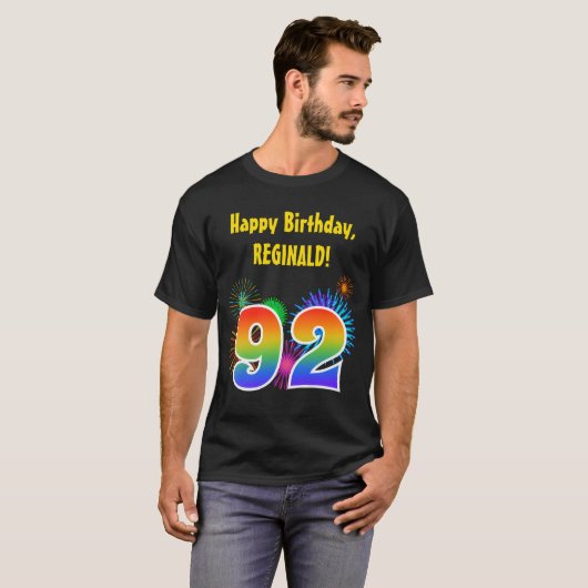 Fun Fireworks + Rainbow Pattern "92" Birthday # T-shirt (Voorkant volledig)