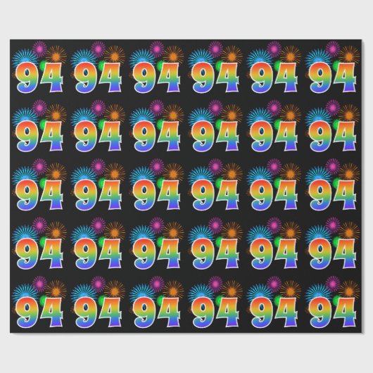 Fun Fireworks + Rainbow Pattern "94" Event Number Cadeaupapier (Vlak)