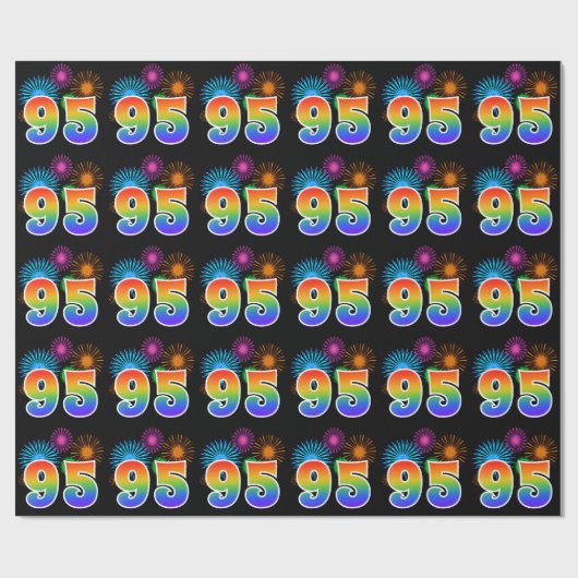 Fun Fireworks + Rainbow Pattern "95" Event Number Cadeaupapier (Vlak)