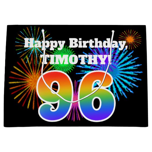 Fun Fireworks + Rainbow Pattern "96" Birthday # Groot Cadeauzakje (Voorkant)