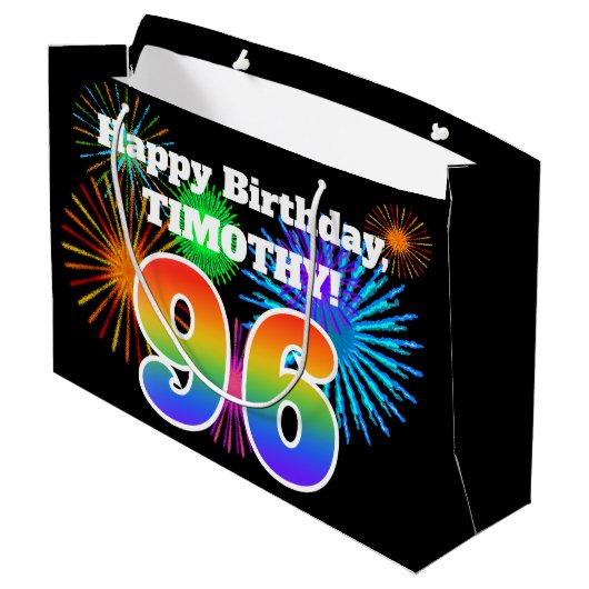 Fun Fireworks + Rainbow Pattern "96" Birthday # Groot Cadeauzakje (Achterkant Gekanteld)
