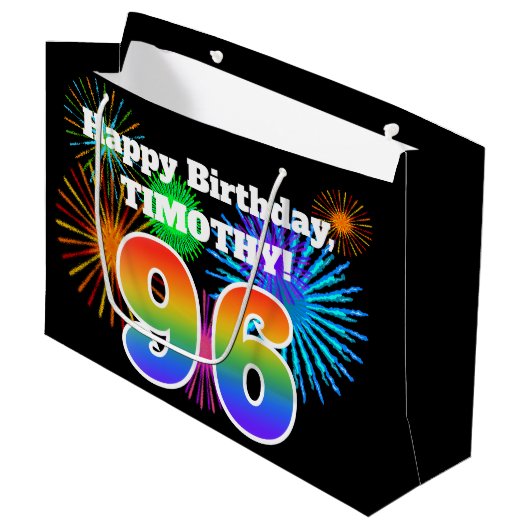 Fun Fireworks + Rainbow Pattern "96" Birthday # Groot Cadeauzakje (Voorkant Gekanteld)
