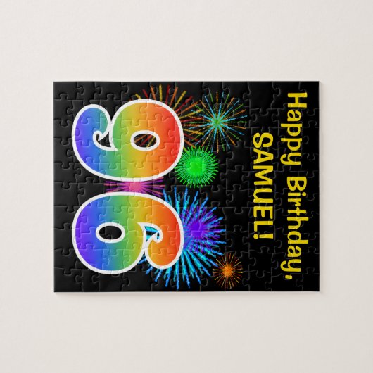 Fun Fireworks + Rainbow Pattern "96" Birthday # Legpuzzel (Horizontaal)