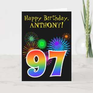 Fun Fireworks + Rainbow Pattern "97" Birthday # Kaart