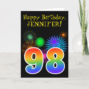 Fun Fireworks + Rainbow Pattern "98" Birthday # Kaart