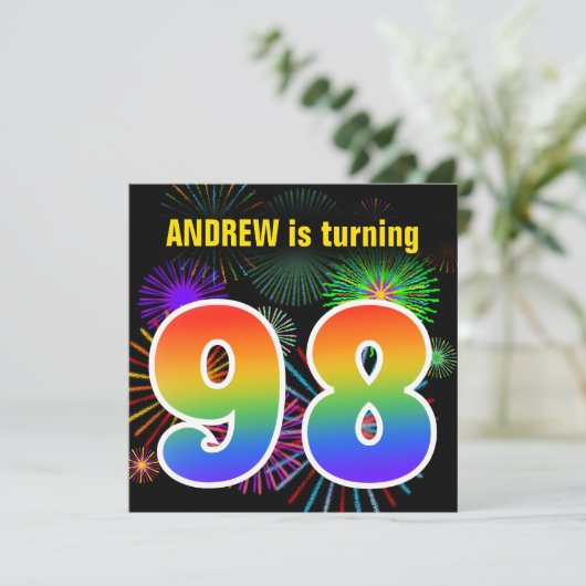 Fun Fireworks + Rainbow Pattern "98" Birthday # Kaart (Staand voorkant)