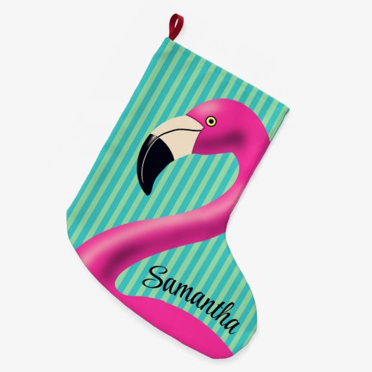 Fun Flamingo Hot Pink Aqua Stripes Modern Tropical Grote Kerstsok (Voorkant (Hangend))