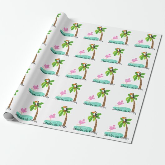 Fun Flamingo with Toucan Birthday Cadeaupapier (Uitgerold)