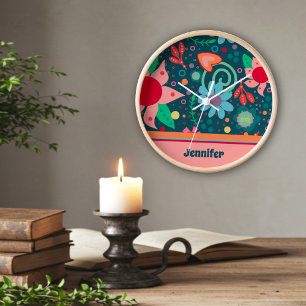 Fun Floral Coloré Inspirivé Personnalisé Horloge