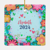 Fun Floral Custom Foto Naam Datum Keramisch Ornament (Achterkant)