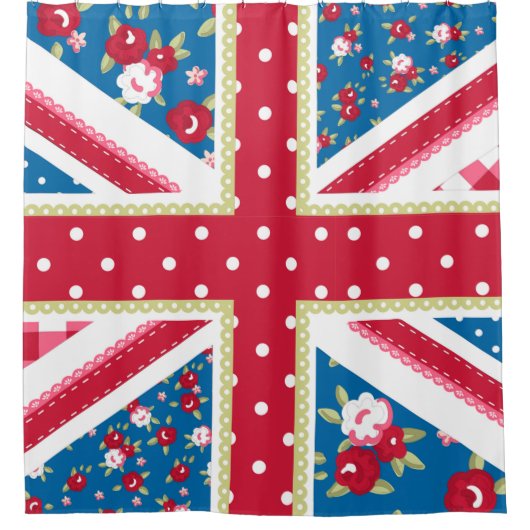 Fun Folk Quilt British Union Jack Flowers Douchegordijn (Voorkant)