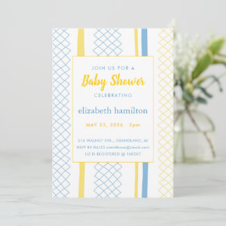 Fun Geometric Yellow & Blue Baby Shower Invitation Kaart