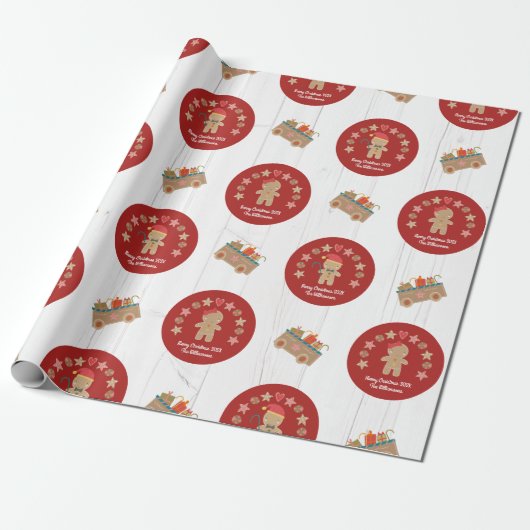 Fun Gingerbrood Cookie Script Name Rustic Wood Red Cadeaupapier (Uitgerold)