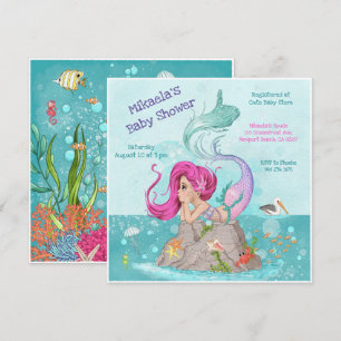 Fun Girly Pink Hair Mermaid Baby shower Kaart