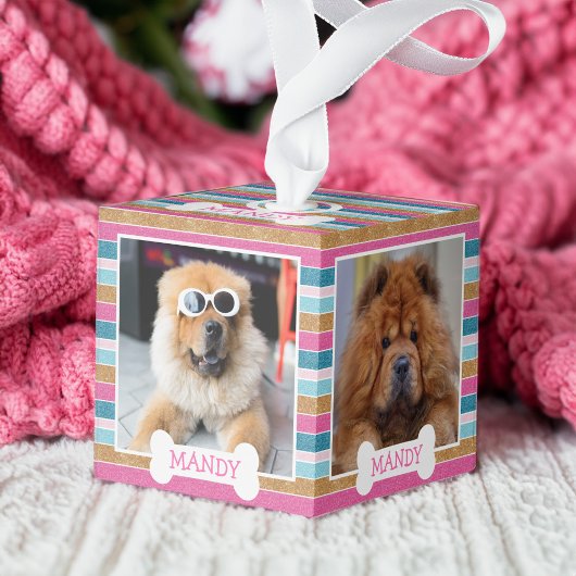Fun Glitter Stripe Pattern Dog Photo Collage Kubus Ornament