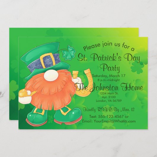 Fun Gnome St. Patrick's Day Uitnodiging (Voorkant / Achterkant)