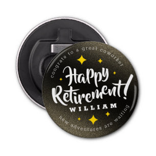 Fun Gold Glitter Stars Retirement New Adventures Button Flesopener