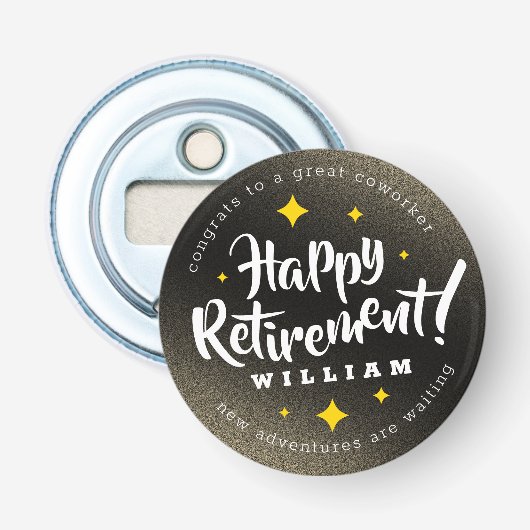 Fun Gold Glitter Stars Retirement New Adventures Button Flesopener (Voorkant)