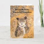 Fun Grandson la meilleure carte de hibou d'anniver<br><div class="desc">FunGrandson dans le meilleur anniversaire    OwlWatercolor Grande Chouette gris Oiseau d'art faunique</div>