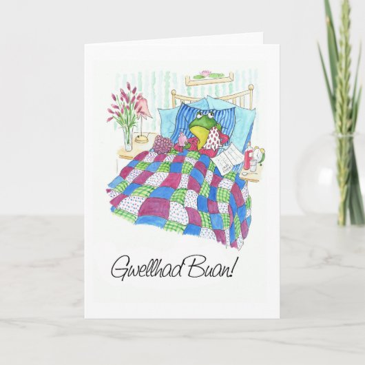Fun Green Frog Get Well Kaart, Welsh Groet Kaart (Voorkant)