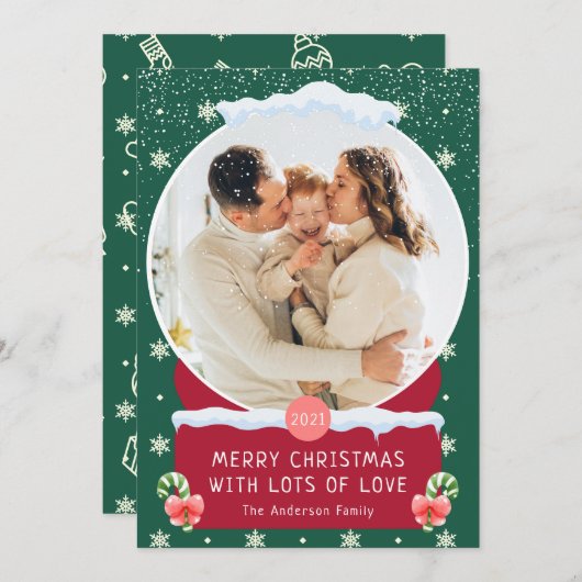 Fun Green Joyeux Noël Snow Globe Carte photo (Devant / Derrière)