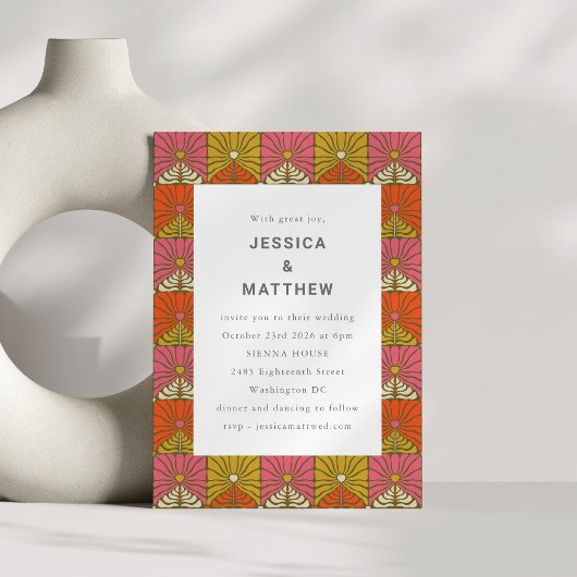 Fun Groovy 70's  Pink Yellow Floral Wedding Kaart