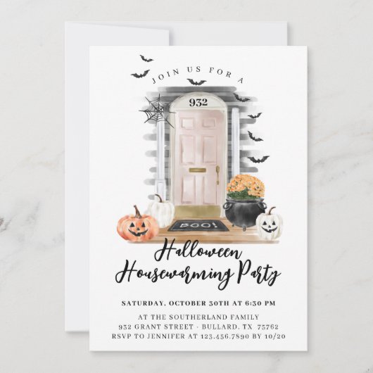 Fun Halloween Housewarming Party Roze voordeur Aankondiging (Voorkant)