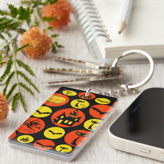 Fun Halloween Polka Dot Pattern Haunted House Sleutelhanger (Voorkant Rechts)