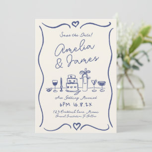Fun Hand Drawn Eigenzinnig blauw Save the date bru Kaart