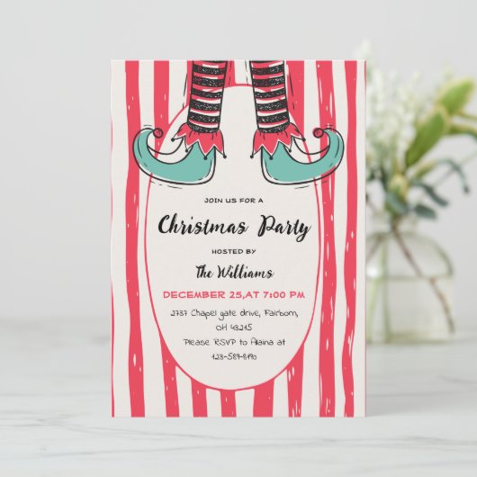 Fun Hand Drawn Elf Sock Christmas Party Kaart (Staand voorkant)