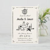 Fun Hand Drawn Save the date Eigenzinnige bruiloft Kaart (Staand voorkant)
