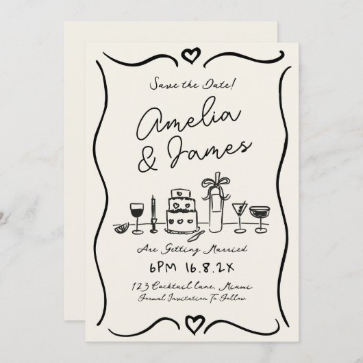 Fun Hand Drawn Save the date Eigenzinnige bruiloft Kaart (Voorkant / Achterkant)