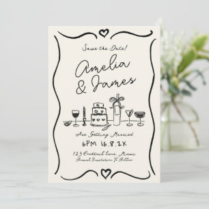 Fun Hand Drawn Save the date Eigenzinnige bruiloft Kaart