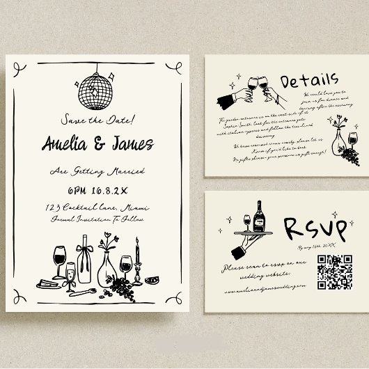 Fun Hand Drawn Save the date Eigenzinnige bruiloft Kaart