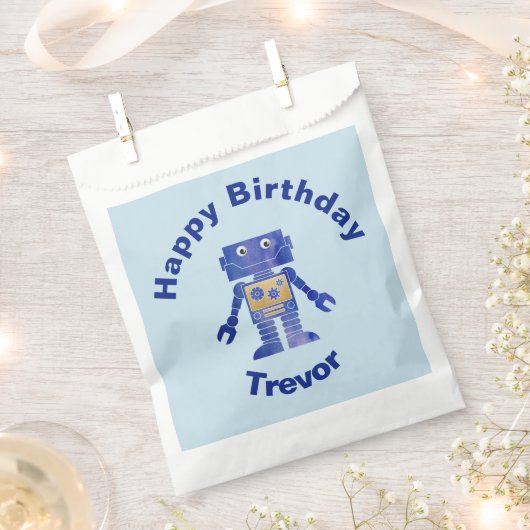 Fun Happy Birthday Blue en Gold Robot met naam Bedankzakje (Geknipt)
