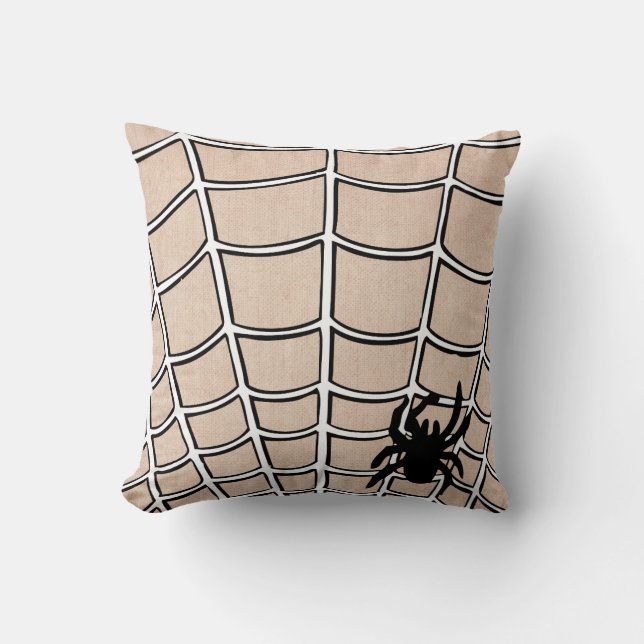 Fun Happy Halloween Spider met Web Burlap Kussen (Voorkant)