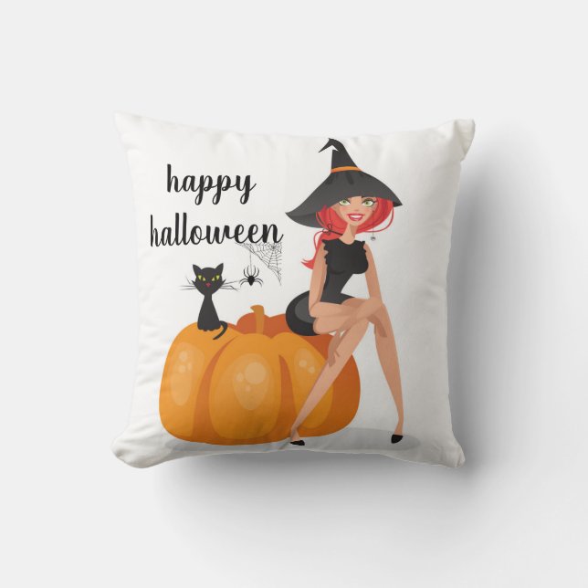 Fun Happy Halloween Spider Web Witch Pumpkin Cat Kussen (Voorkant)