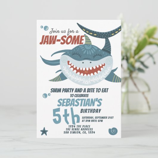 Fun Happy Shark Personalized Birthday Party Kaart (Staand voorkant)