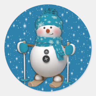 Fun Happy Skiing Snowman Ronde Sticker