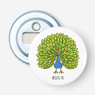 Fun heldere pauw vogelillustratie button flesopener