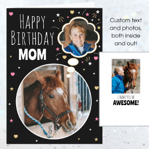 Fun Horse Mom Verjaardag Custom Photo Zwart Roze Kaart