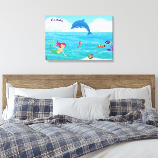 Fun in Sun Mermaid Dolphin Beach gepersonaliseerd Canvas Afdruk (Insitu (Slaapkamer))