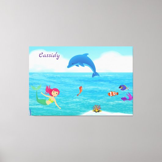 Fun in Sun Mermaid Dolphin Beach gepersonaliseerd Canvas Afdruk (Voorkant)