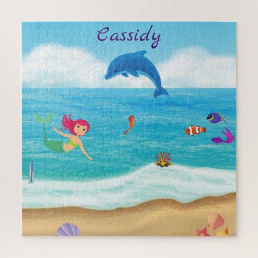 Fun in Sun Mermaid Dolphin Beach gepersonaliseerd Legpuzzel (Verticaal)