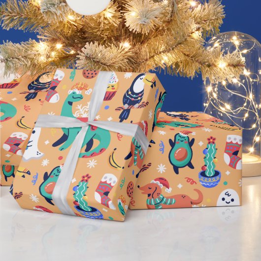 Fun Kerstmis Dinosaur Dog Parrot Avocado Cactus Cadeaupapier (Feestdagen)