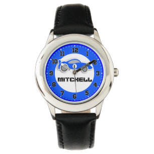 Fun kinder blauwe auto voegt jouw naam toe en kijk horloge