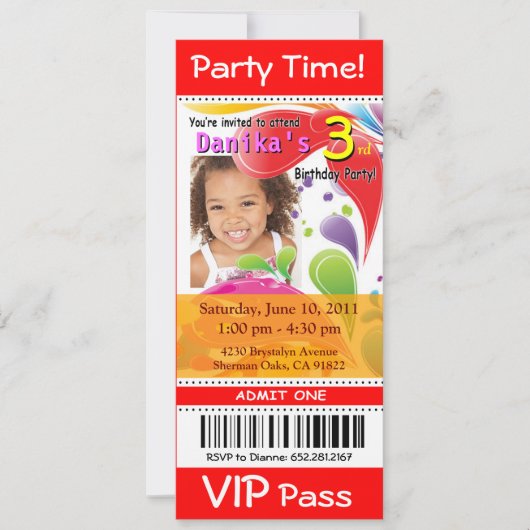 Fun Kinder VIP Ticket Photo Party (rood) Kaart (Voorkant)