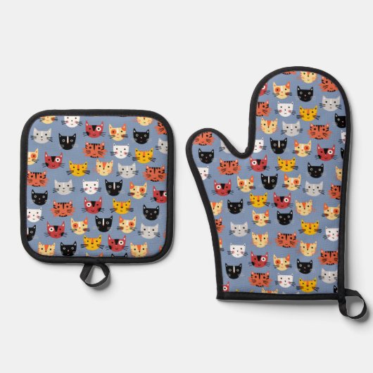 Fun Kitty Cat Pattern Blue Ovenwant & Pannenlap Set (Voorkant)