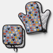 Fun Kitty Cat Pattern Blue Ovenwant & Pannenlap Set (Voorkant / Achterkant)